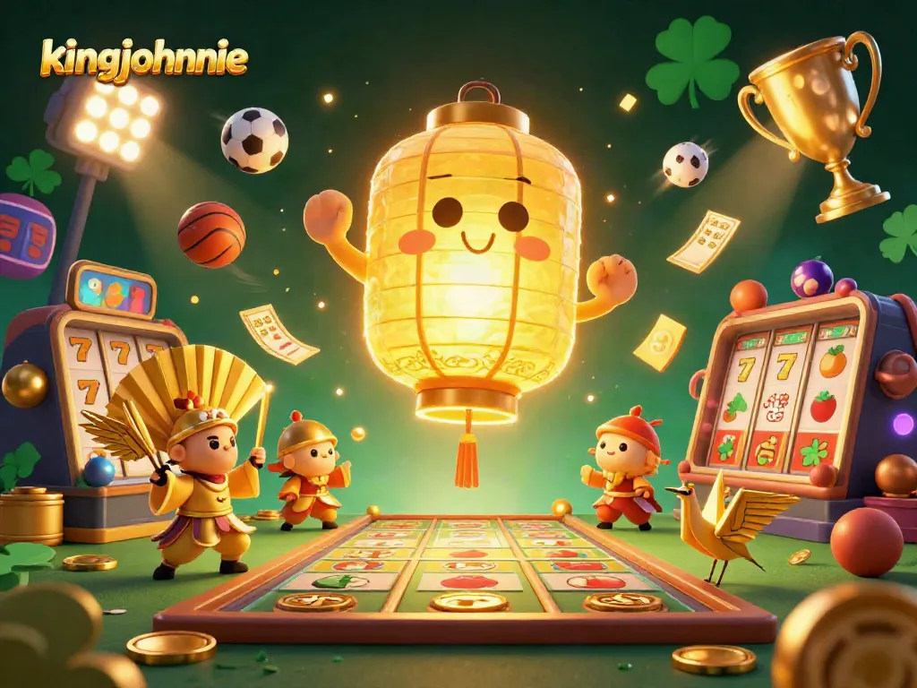 Engage with the kingjohnnie spirit in a vibrant, dynamic online casino scene filled with lucky symbols.