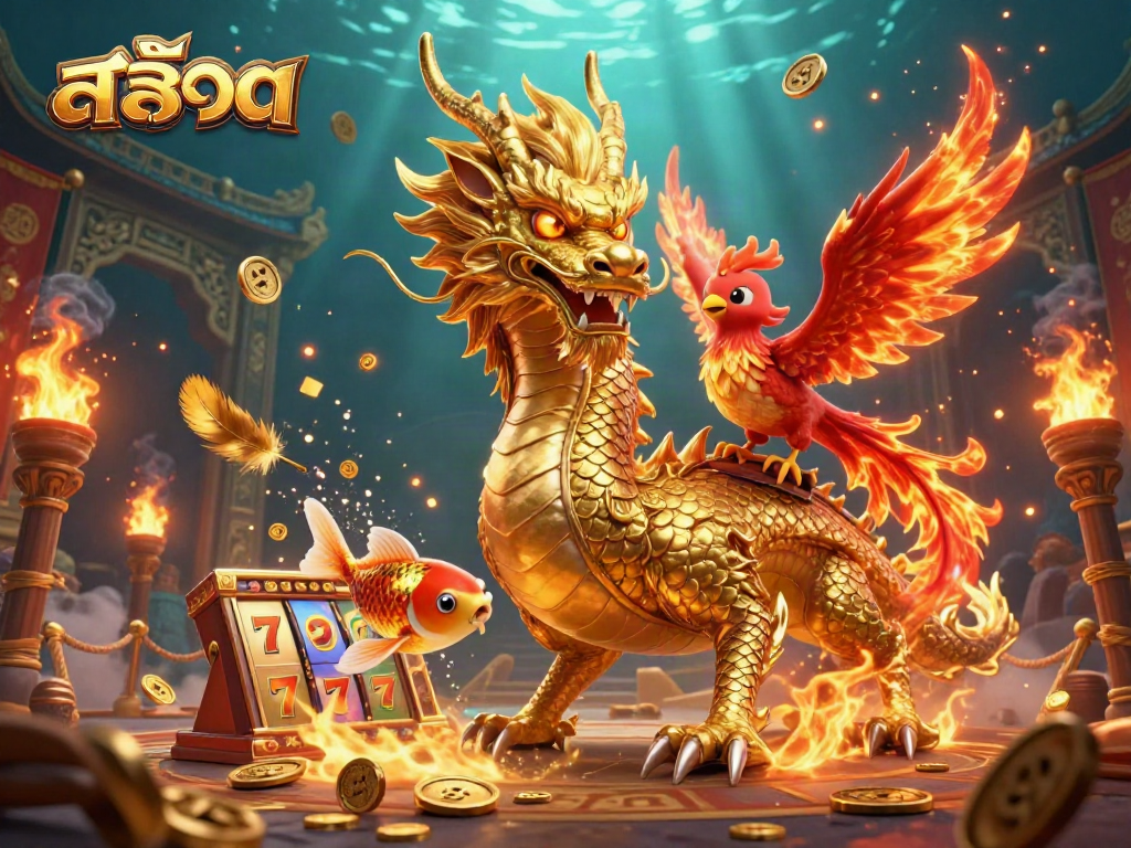 Experience สล็อต excitement with a vibrant illustration of a majestic dragon surrounded by slot elements.