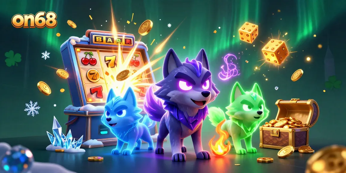 Experience winning thrills at on68 with a vibrant 3D casino illustration showcasing dynamic gaming elements.