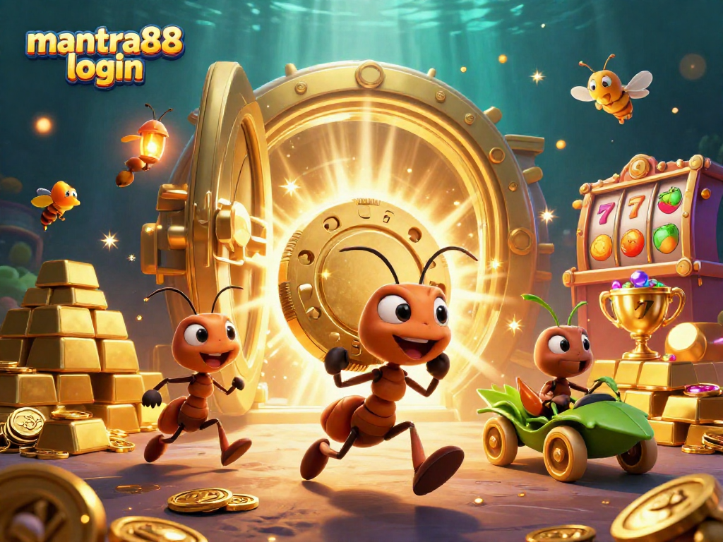 Engaging scene of a heist by ants for a giant poker chip, highlighting mantra88 login in a vibrant casino setting.