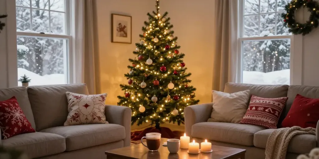 Skinny Christmas tree decorated in a cozy holiday living room, showcasing festive lights and ornaments.