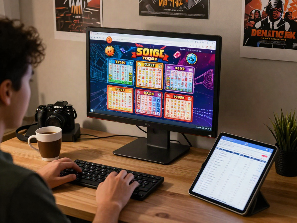Engaged player exploring exciting toto togel lottery options online in a vibrant home office.