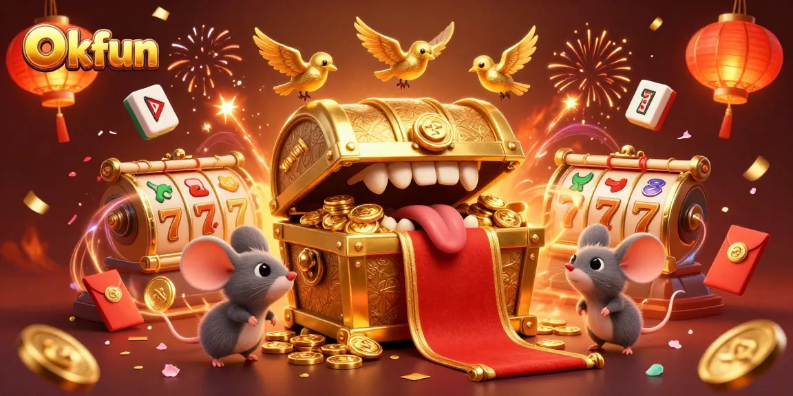 Engage with Okfun: Explore exciting slot reels and golden treasures in this vibrant casino scene.