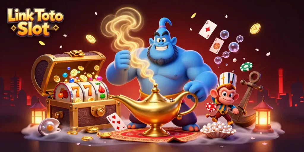 Tampilkan beragam mesin slot dalam perayaan kemenangan Link Toto Slot, dengan genies dan barang berharga di sekelilingnya.