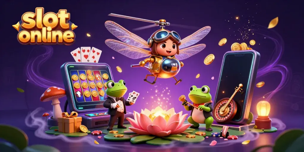 Engage with slot online gameplay featuring a vibrant dragonfly pilot and frog croupier in a magical casino scene.