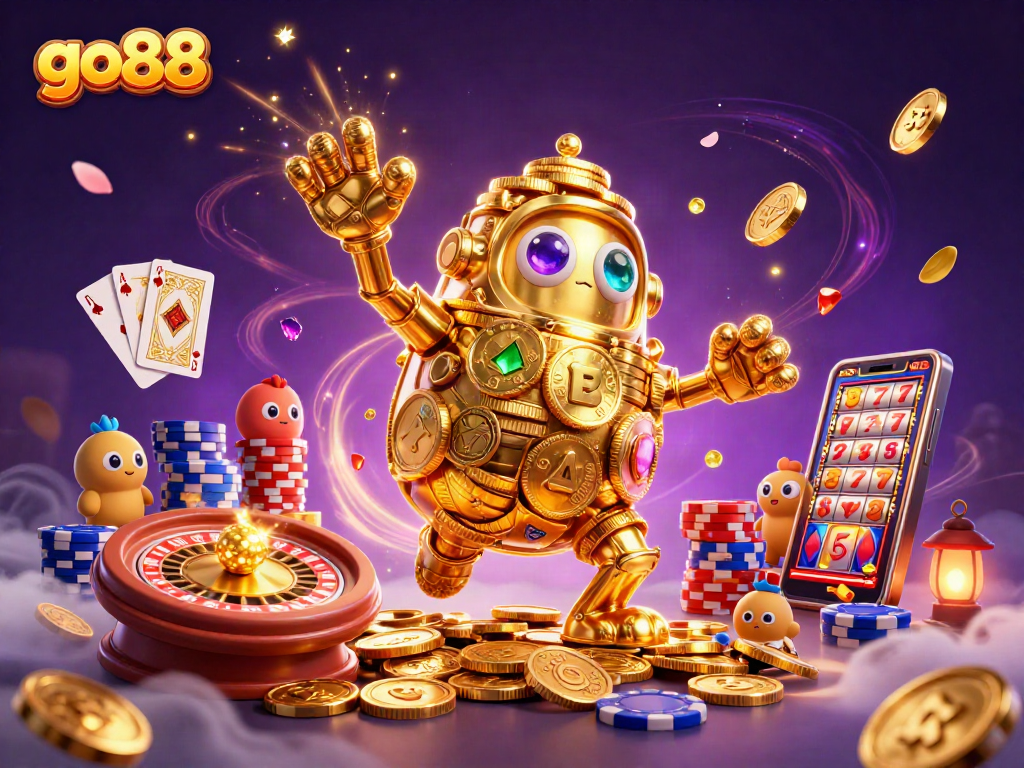 Spin and win with go88, featuring a golden golem amid cascading coins and playing cards for a thrilling casino experience.