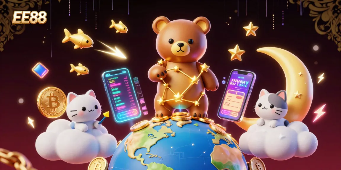 Engage in winning strategies with EE88's vibrant gaming universe, featuring alluring 3D characters and crypto elements.