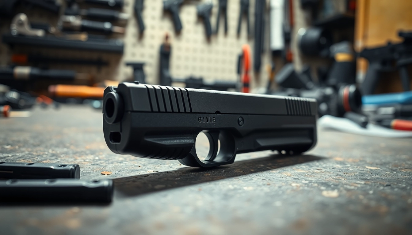 Inspecting a glock slide showcasing precision details and craftsmanship on a workbench.
