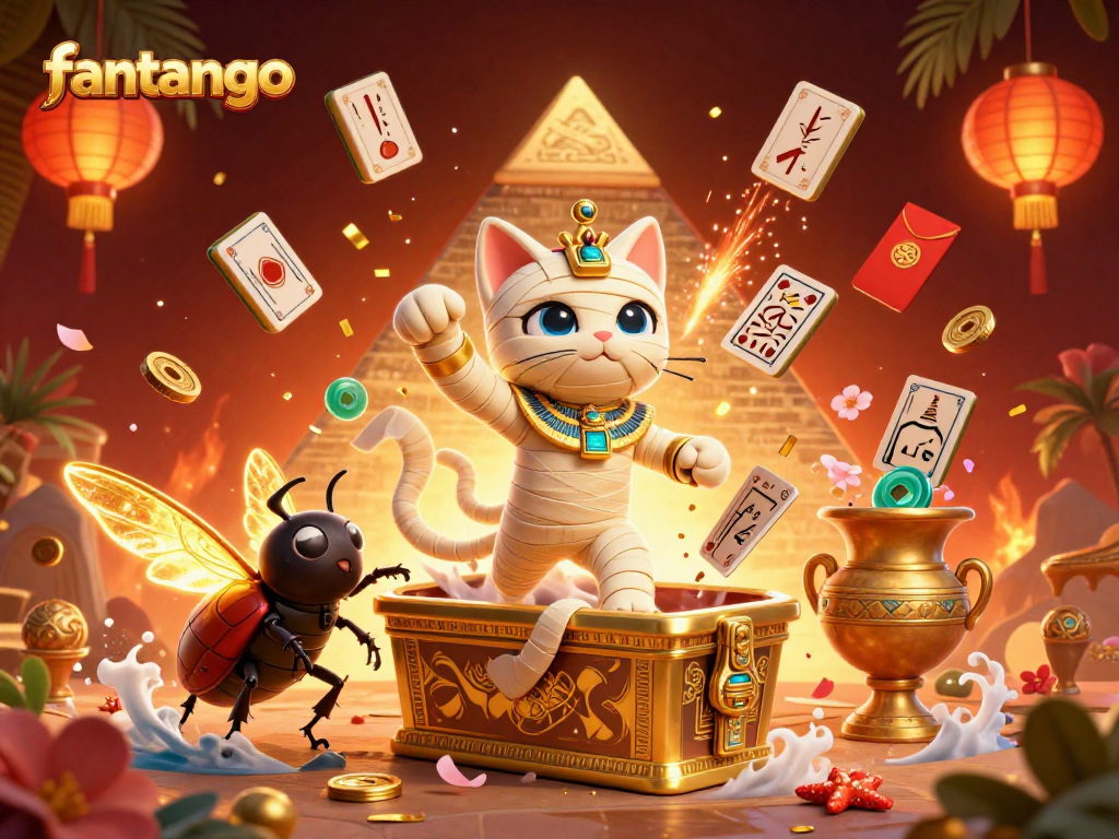 Join the excitement of fantango with a mummy cat and scarab beetle in a lively casino scene.