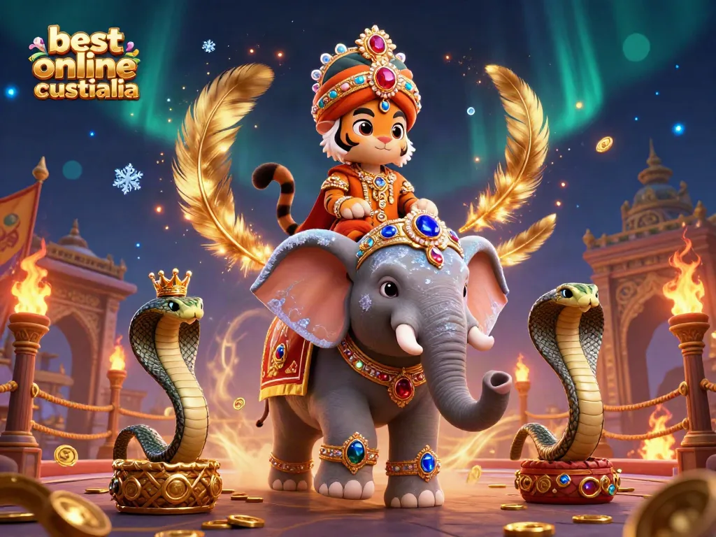 Experience the best online casino Australia with a vibrant 3D scene featuring a maharaja tiger, jewel elephant, and casino elements.