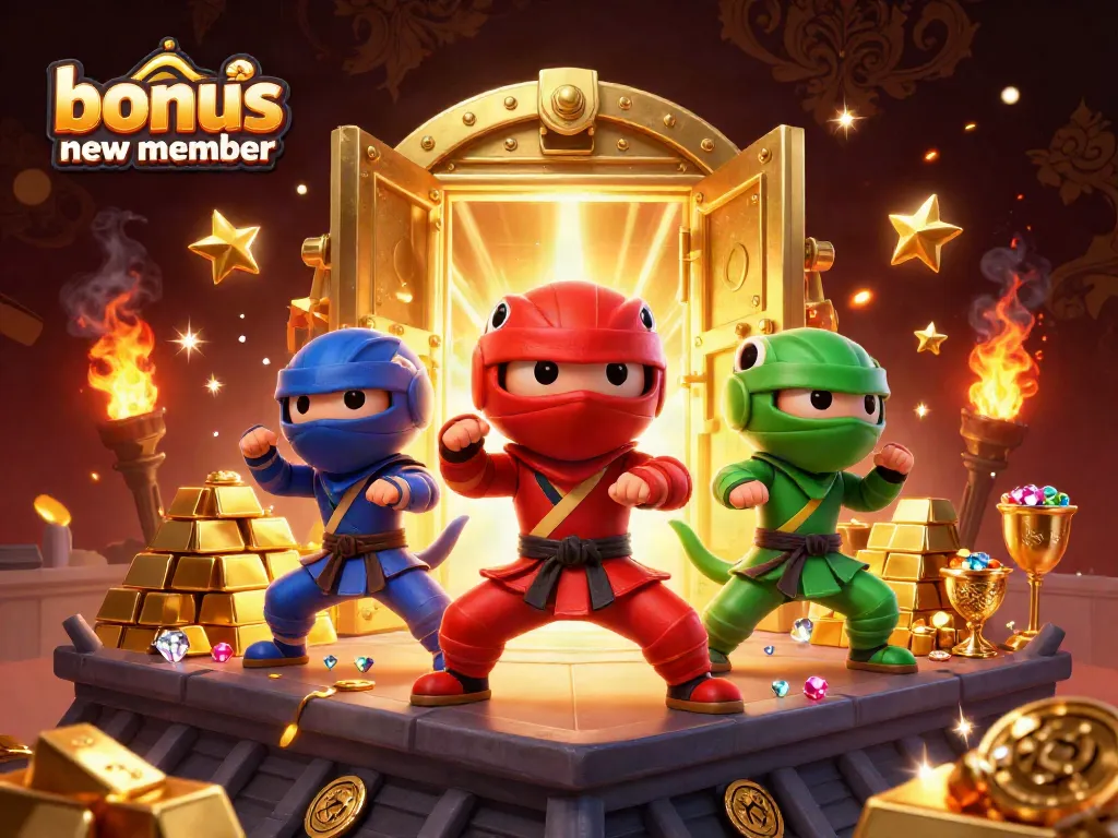 Dynamic scene with ninja chameleons showcasing bonus new member offers in a rich casino atmosphere.