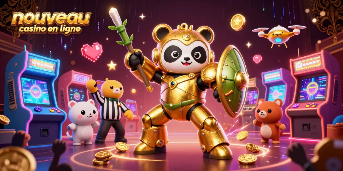 Visuel attractif pour le nouveau casino en ligne, mettant en scène un panda doré dans un robot de combat entouré de jeux d'arcade.