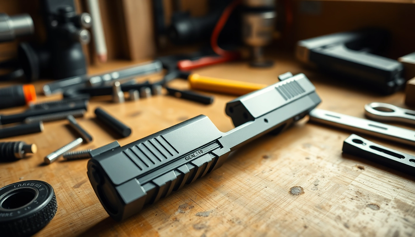 Showcasing a glock 19 gen 3 oem slide on a workbench for firearms assembly.