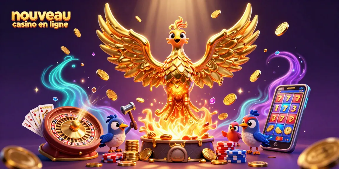 Visualisez un nouveau casino en ligne avec un phénix doré et des éléments de jeu captivants.