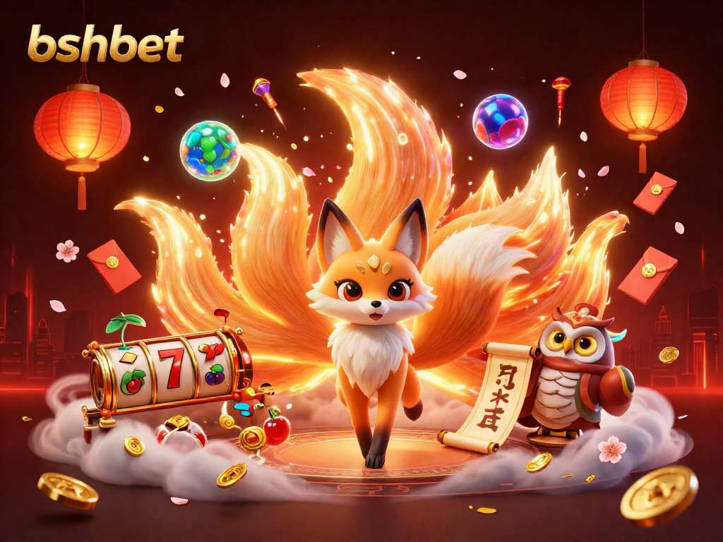 bshbet captivates players with a vibrant 3D illustration featuring a nine-tailed fox at a lively casino scene.