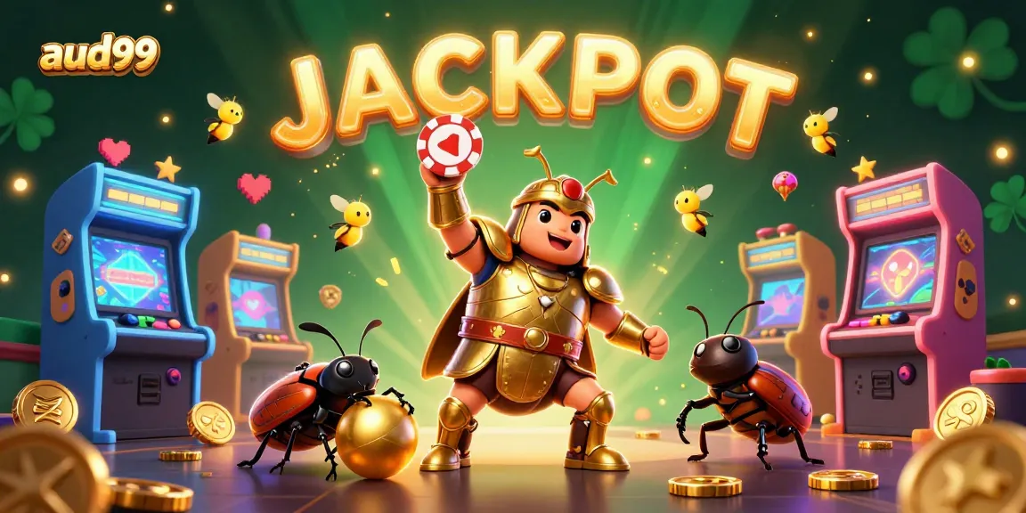 Win big with aud99 online casinos, featuring a hero beetle celebrating wins in a vibrant gaming scene.
