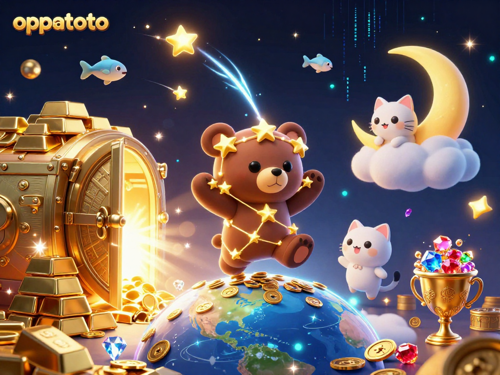 Engage with oppatoto's captivating cosmic-themed gaming illustration filled with treasures and magic.