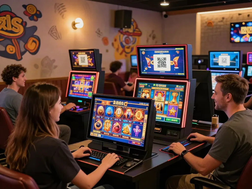 Players enjoying slot maxwin games on various devices in a lively gaming lounge.