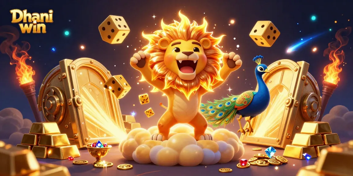 Dhani win reveals exciting gaming opportunities with vibrant 3D illustration featuring gold elements and dynamic characters.