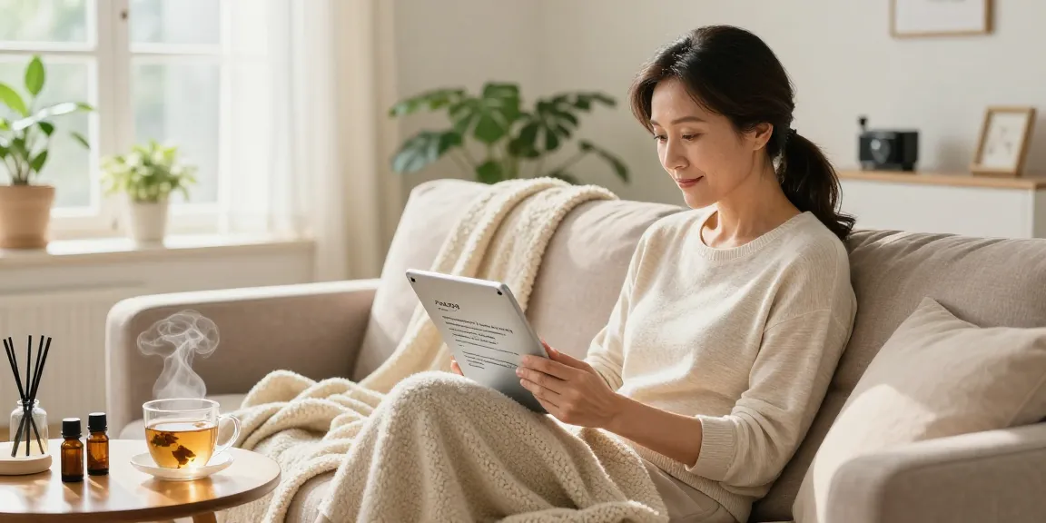 ブラビオンSの口コミをタブレットで読みながらくつろぐ中年女性の居心地の良いリビングシーン