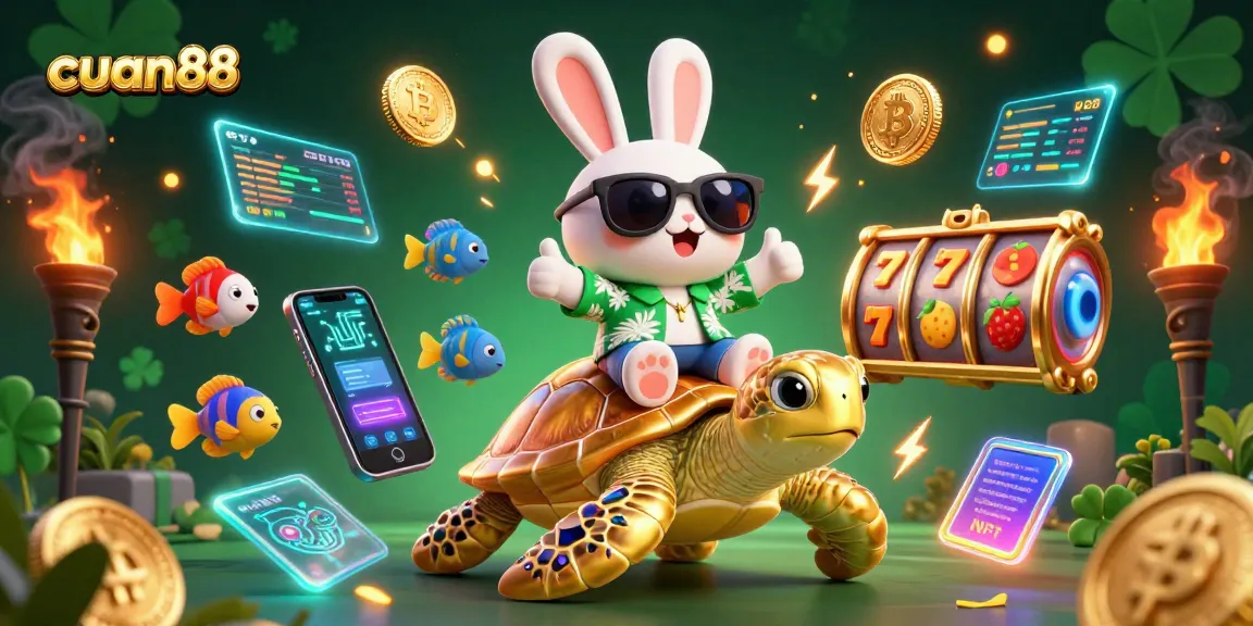 Cuan88 brings luck with a vibrant 3D casino scene featuring a lucky rabbit and golden turtle.
