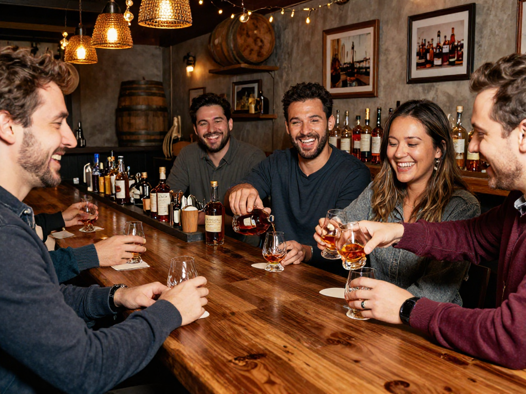 Friends enjoying Blanton's Single Barrel Bourbon in a rustic bar setting with warm lighting