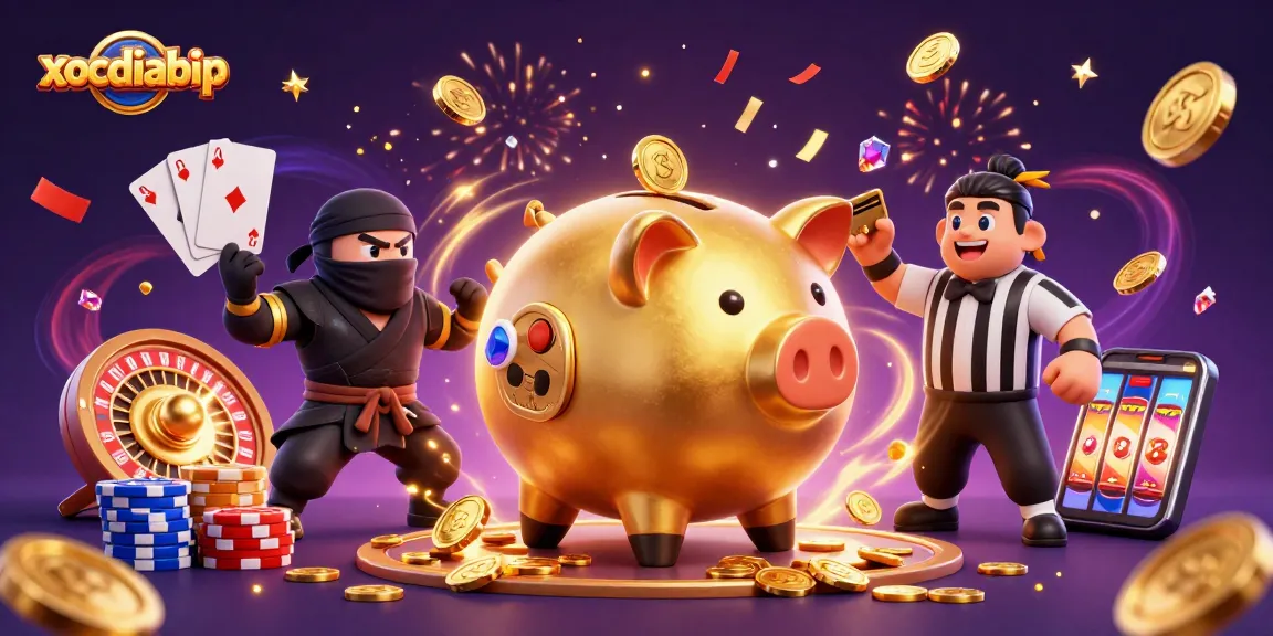 xocdiabip offers a thrilling casino experience with golden piggy bank sumo wrestler and playful elements.