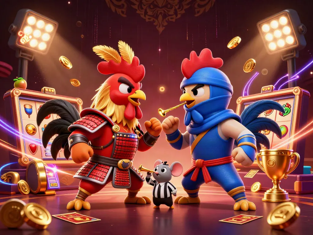 Experience thrilling gameplay with qq slot in this dynamic illustration featuring epic roosters and slot symbols.