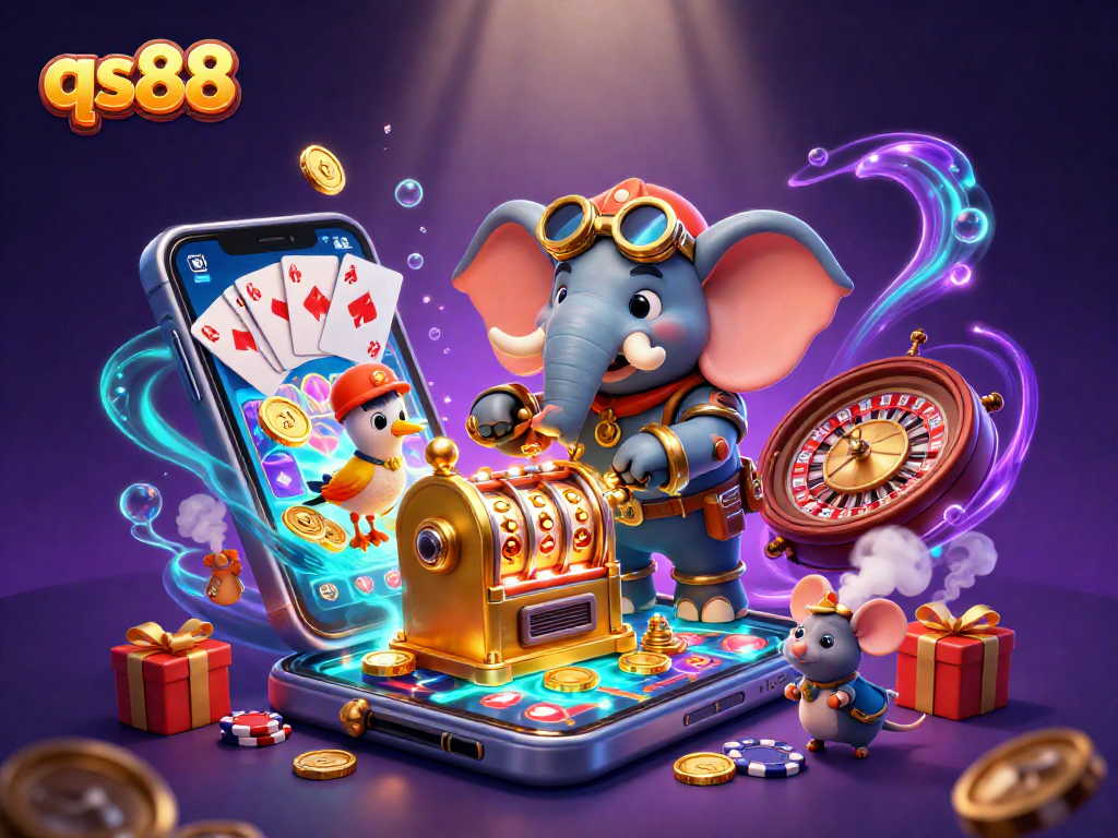 Spin the reels with qs88's fun steampunk-themed gambling adventure featuring vibrant characters and games!