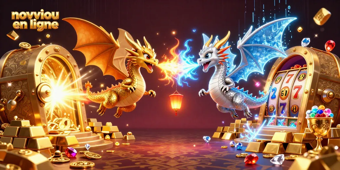 Jouez sur un nouveau casino en ligne avec une scène captivante de dragons survolant des trésors d'or et de jeux.