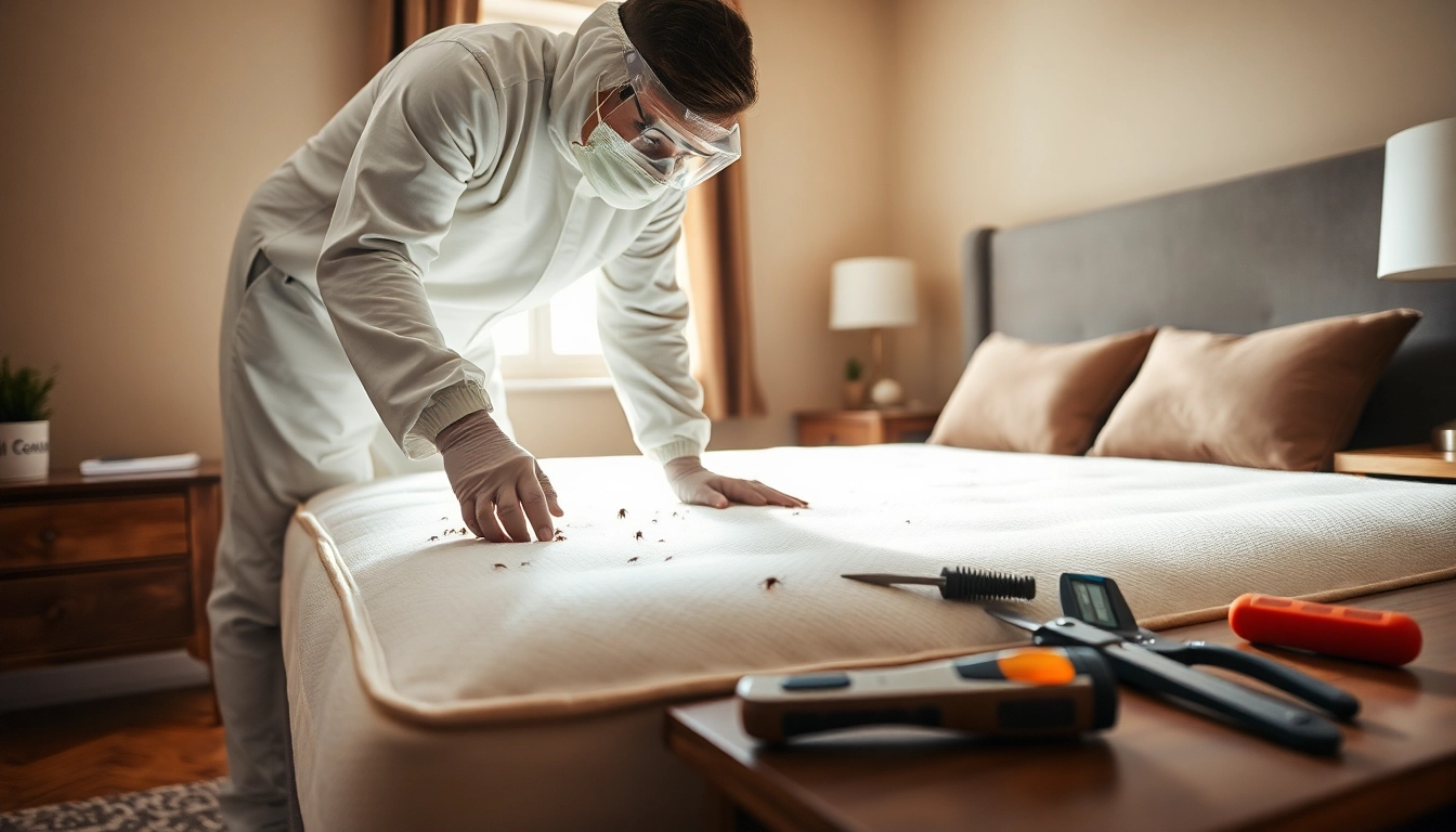 Efficient bed bug removal process captured, showcasing an exterminator at work.