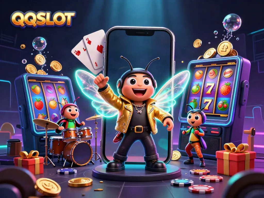 Experience thrilling gameplay with QQSLOT in a vibrant, detailed 3D casino scene filled with action.