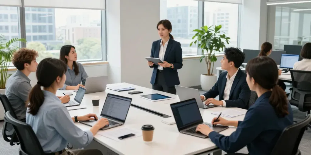 Team collaboration in a modern office focused on project presentation, look at here for insights.