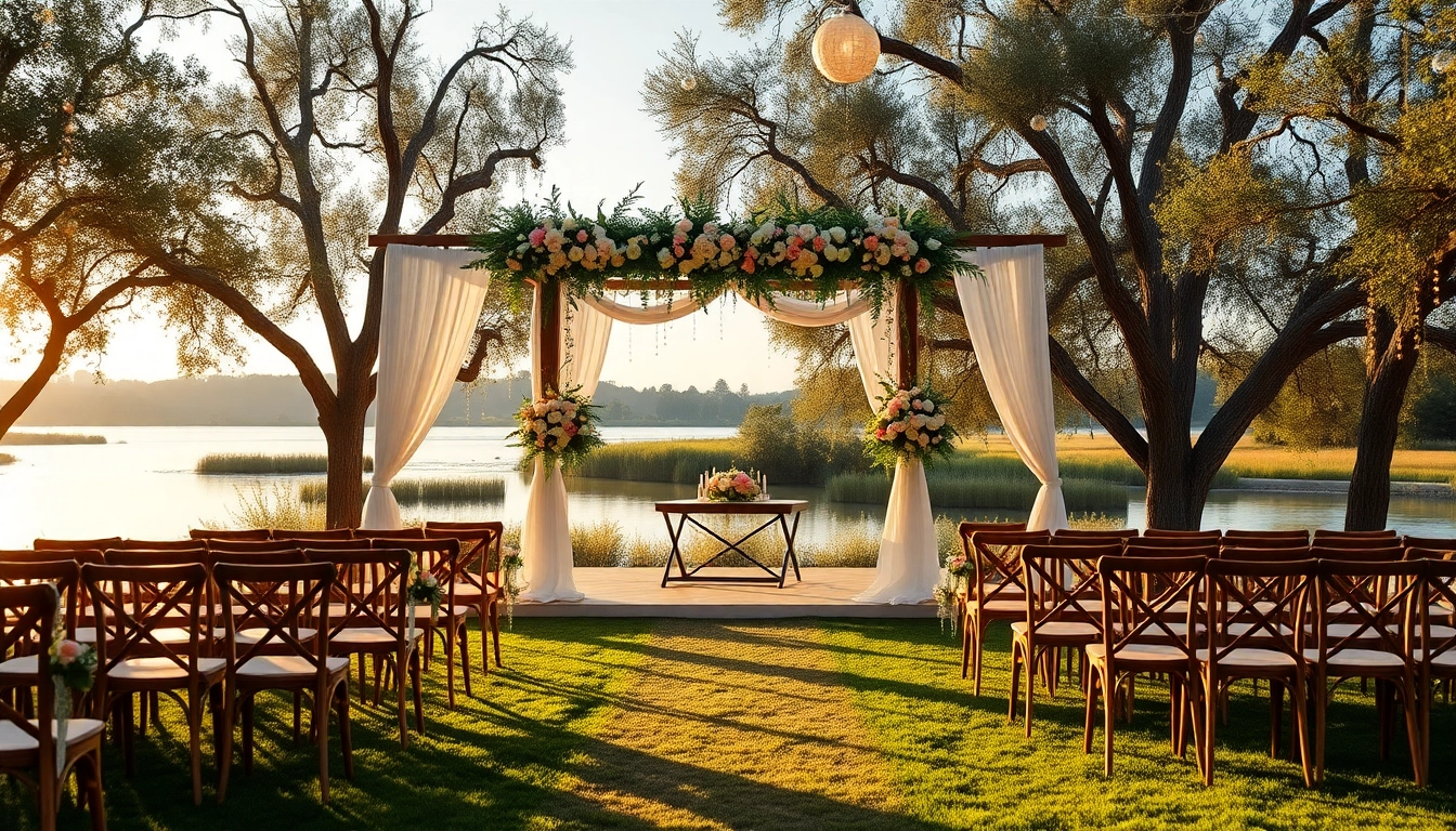 An elegant outdoor wedding venue Sacramento Delta featuring a floral altar and romantic lighting.