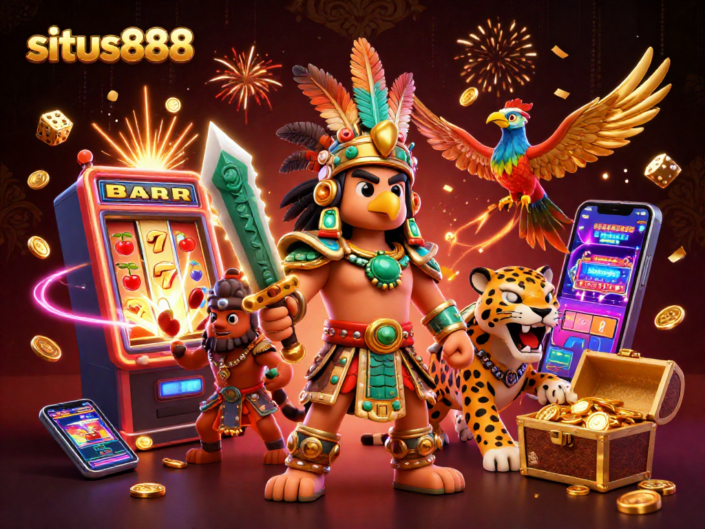 Experience thrilling wins on situs888 as the Aztec warrior battles jackpots amid vibrant gaming elements.