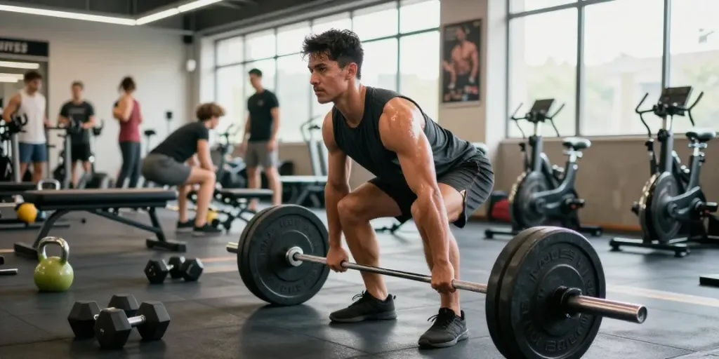 Athletic man lifting weights in a gym, representing steroidi anabolizzanti legali italia fitness culture and performance.